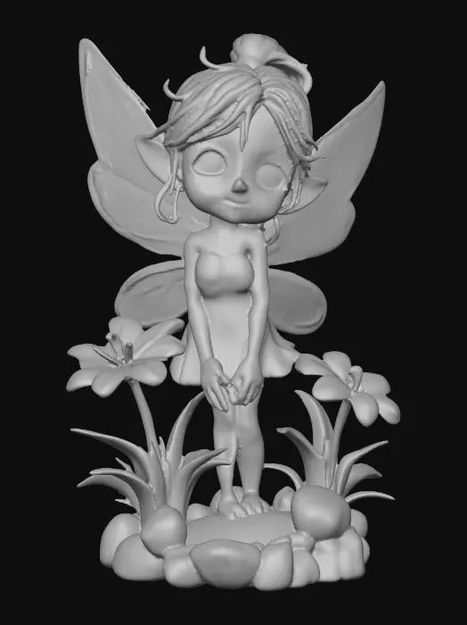 3D model for a flirty sweet playful violet eyed, redhead, snowdrop fairy with thick dark lashes, freckles, and porcelain filigree wings in a mystical environment, surrounded by snowdrop florals. The figure is, rendered with intricate details and poised on a round rocky base. suitable for 3d printing.