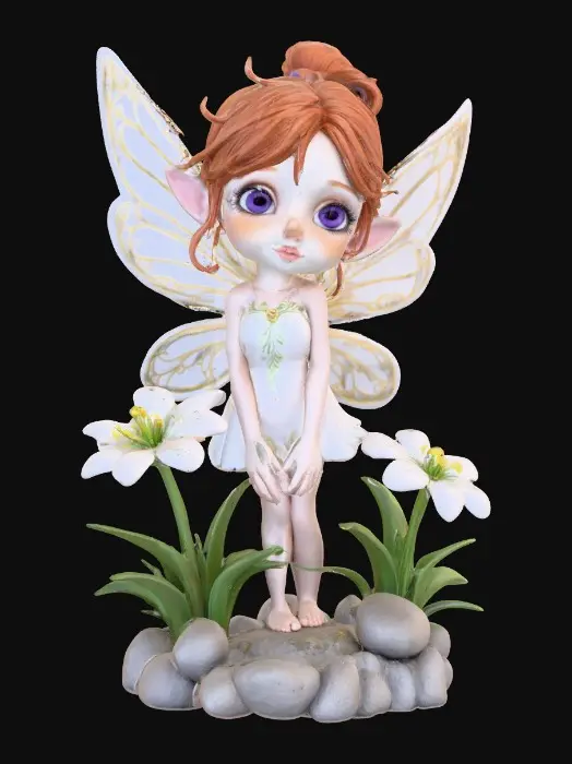 3D model for a flirty sweet playful violet eyed, redhead, snowdrop fairy with thick dark lashes, freckles, and porcelain filigree wings in a mystical environment, surrounded by snowdrop florals. The figure is, rendered with intricate details and poised on a round rocky base. suitable for 3d printing.