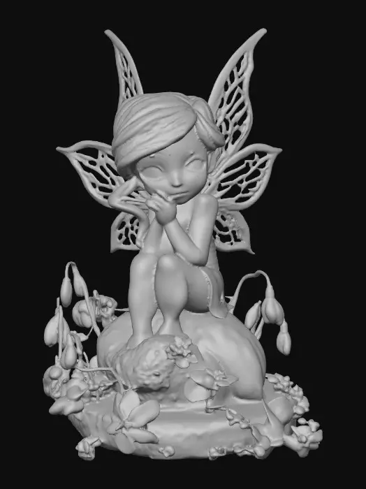 3D model for a flirty sweet playful violet eyed, redhead, snowdrop fairy with thick dark lashes, freckles, and porcelain filigree wings in a mystical environment, surrounded by snowdrop florals. The figure is, rendered with intricate details and poised on a round rocky base. suitable for 3d printing.
