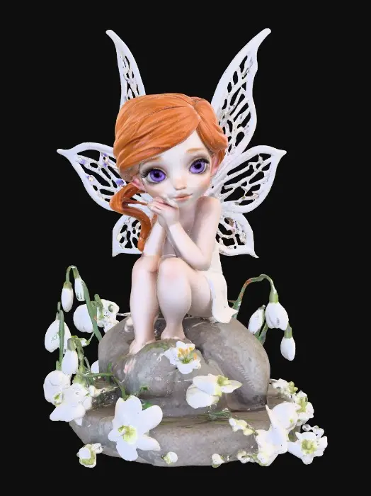 3D model for a flirty sweet playful violet eyed, redhead, snowdrop fairy with thick dark lashes, freckles, and porcelain filigree wings in a mystical environment, surrounded by snowdrop florals. The figure is, rendered with intricate details and poised on a round rocky base. suitable for 3d printing.