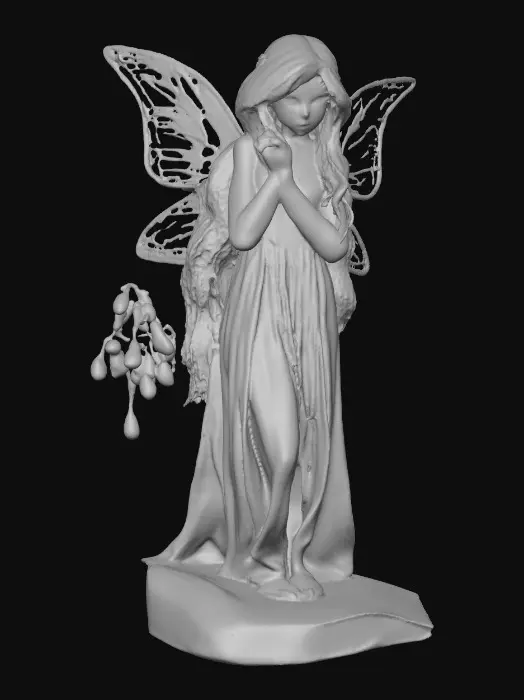 3D model for a flirty sweet playful violet eyed, redhead, snowdrop fairy with thick dark lashes, freckles, and porcelain filigree wings in a mystical environment, surrounded by snowdrop florals. The figure is, rendered with intricate details and poised on a round rocky base. suitable for 3d printing.