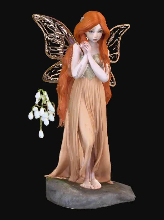 3D model for a flirty sweet playful violet eyed, redhead, snowdrop fairy with thick dark lashes, freckles, and porcelain filigree wings in a mystical environment, surrounded by snowdrop florals. The figure is, rendered with intricate details and poised on a round rocky base. suitable for 3d printing.