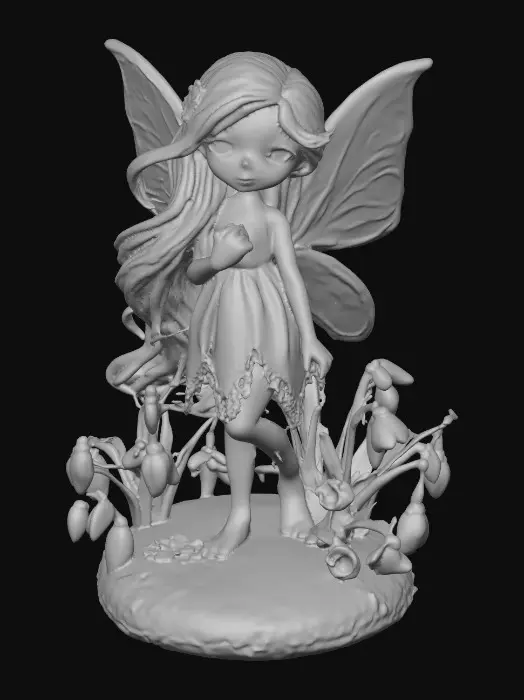 3D model for a flirty sweet playful violet eyed, redhead, snowdrop fairy with thick dark lashes, freckles, and porcelain filigree wings in a mystical environment, surrounded by snowdrop florals. The figure is, rendered with intricate details and poised on a round rocky base. suitable for 3d printing.