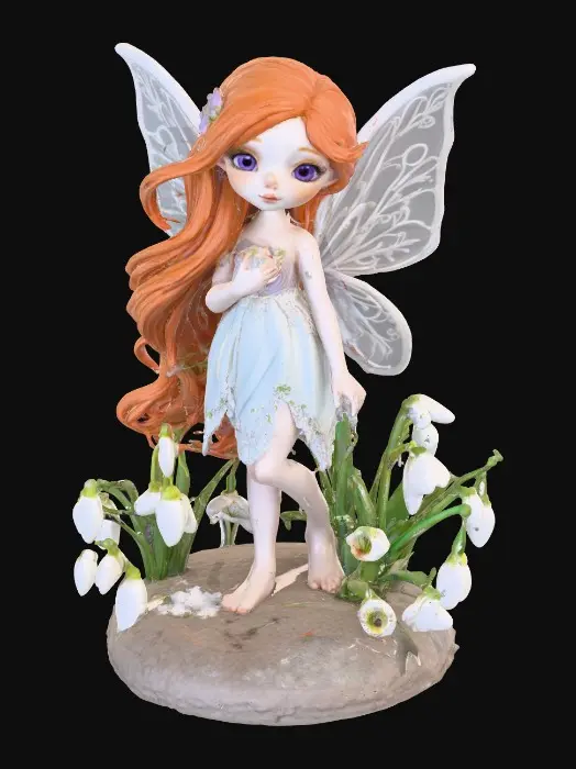 3D model for a flirty sweet playful violet eyed, redhead, snowdrop fairy with thick dark lashes, freckles, and porcelain filigree wings in a mystical environment, surrounded by snowdrop florals. The figure is, rendered with intricate details and poised on a round rocky base. suitable for 3d printing.