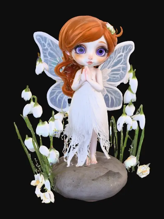 3D model for a flirty sweet playful violet eyed, redhead, snowdrop  fairy with thick dark lashes, freckles, and porcelain filigree wings in a mystical environment, surrounded by snowdrop florals. The figure is, rendered with intricate details and poised on a round rocky base. suitable for 3d printing.