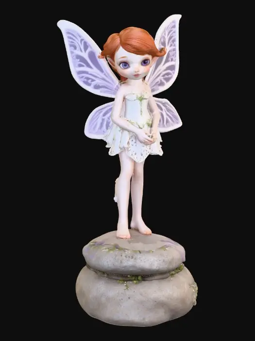 3D model for a flirty sweet playful violet eyed, redhead, snowdrop  fairy with thick dark lashes, freckles, and porcelain filigree wings in a mystical environment, surrounded by snowdrop florals. The figure is, rendered with intricate details and poised on a round rocky base. suitable for 3d printing.