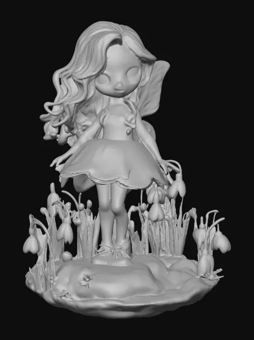 3D model for a flirty sweet playful violet eyed, redhead, snowdrop  fairy with thick dark lashes, freckles, and porcelain filigree wings in a mystical environment, surrounded by snowdrop florals. The figure is, rendered with intricate details and poised on a round rocky base. suitable for 3d printing.