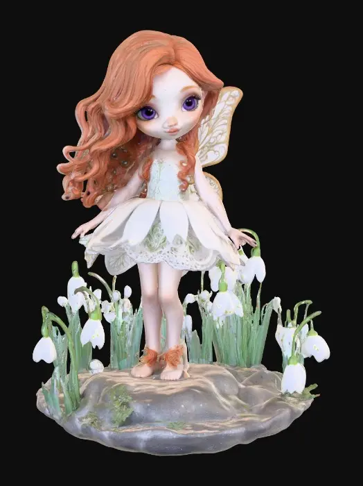 3D model for a flirty sweet playful violet eyed, redhead, snowdrop  fairy with thick dark lashes, freckles, and porcelain filigree wings in a mystical environment, surrounded by snowdrop florals. The figure is, rendered with intricate details and poised on a round rocky base. suitable for 3d printing.