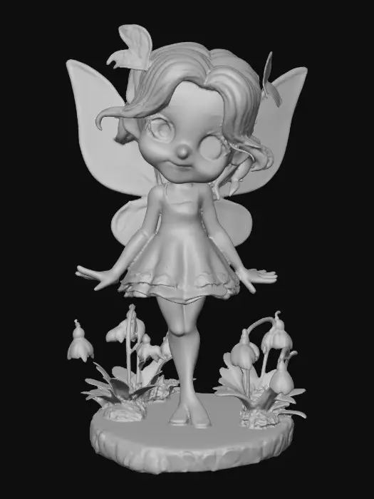 3D model for a flirty sweet playful violet eyed, redhead, snowdrop fairy with thick dark lashes, freckles, and porcelain filigree wings in a mystical environment, surrounded by snowdrop florals. The figure is, rendered with intricate details and poised on a round rocky base. suitable for 3d printing.