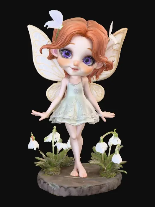 3D model for a flirty sweet playful violet eyed, redhead, snowdrop fairy with thick dark lashes, freckles, and porcelain filigree wings in a mystical environment, surrounded by snowdrop florals. The figure is, rendered with intricate details and poised on a round rocky base. suitable for 3d printing.