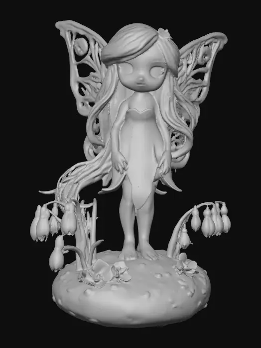 3D model for a flirty sweet playful violet eyed, redhead, snowdrop fairy with thick dark lashes, freckles, and porcelain filigree wings in a mystical environment, surrounded by snowdrop florals. The figure is, rendered with intricate details and poised on a round rocky base. suitable for 3d printing.