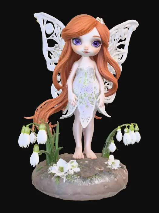 3D model for a flirty sweet playful violet eyed, redhead, snowdrop fairy with thick dark lashes, freckles, and porcelain filigree wings in a mystical environment, surrounded by snowdrop florals. The figure is, rendered with intricate details and poised on a round rocky base. suitable for 3d printing.