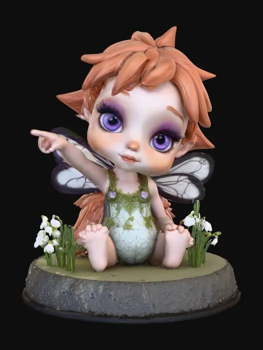 3D model for a flirty sweet playful violet eyed, redhead, snowdrop  fairy with thick dark lashes, freckles, and porcelain filigree wings in a mystical environment, surrounded by snowdrop florals. The figure is, rendered with intricate details and poised on a round rocky base. suitable for 3d printing.