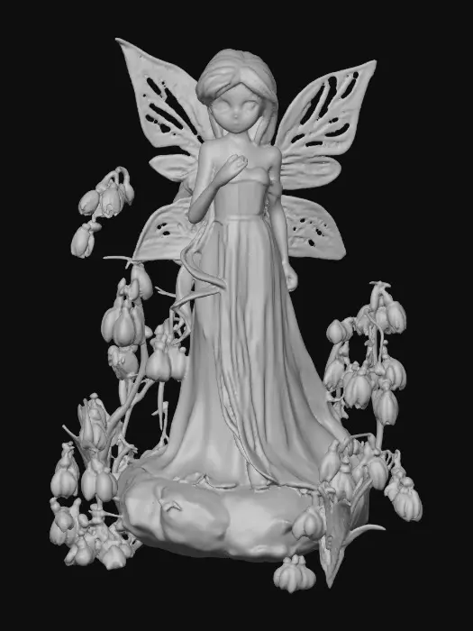 3D model for a flirty sweet playful violet eyed, redhead, snowdrop  fairy with thick dark lashes, freckles, and porcelain filigree wings in a mystical environment, surrounded by snowdrop florals. The figure is, rendered with intricate details and poised on a round rocky base. suitable for 3d printing.