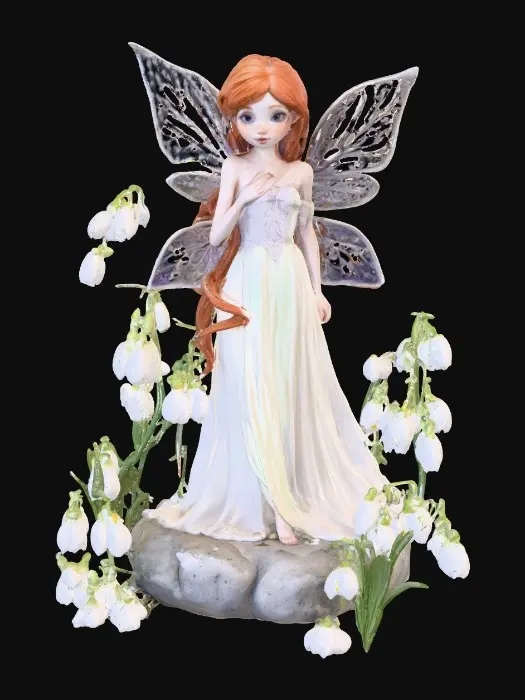 3D model for a flirty sweet playful violet eyed, redhead, snowdrop  fairy with thick dark lashes, freckles, and porcelain filigree wings in a mystical environment, surrounded by snowdrop florals. The figure is, rendered with intricate details and poised on a round rocky base. suitable for 3d printing.