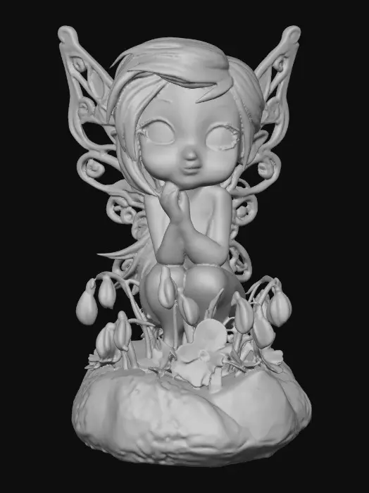 3D model for a flirty sweet playful violet eyed, redhead, snowdrop  fairy with thick dark lashes, freckles, and porcelain filigree wings in a mystical environment, surrounded by snowdrop florals. The figure is, rendered with intricate details and poised on a round rocky base. suitable for 3d printing.