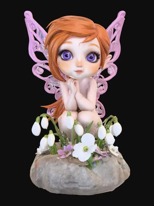 3D model for a flirty sweet playful violet eyed, redhead, snowdrop  fairy with thick dark lashes, freckles, and porcelain filigree wings in a mystical environment, surrounded by snowdrop florals. The figure is, rendered with intricate details and poised on a round rocky base. suitable for 3d printing.