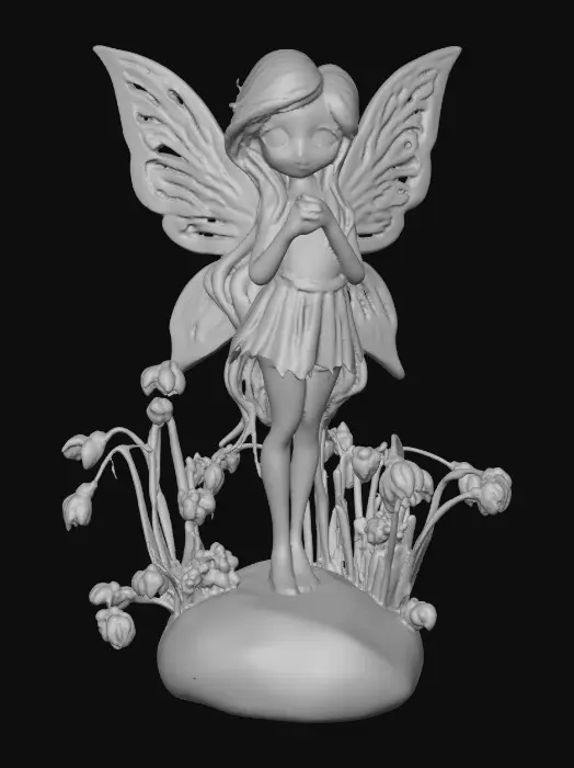 3D model for a flirty sweet playful violet eyed, redhead, snowdrop  fairy with thick dark lashes, freckles, and porcelain filigree wings in a mystical environment, surrounded by snowdrop florals. The figure is, rendered with intricate details and poised on a round rocky base. suitable for 3d printing.