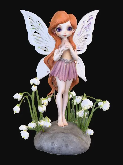 3D model for a flirty sweet playful violet eyed, redhead, snowdrop  fairy with thick dark lashes, freckles, and porcelain filigree wings in a mystical environment, surrounded by snowdrop florals. The figure is, rendered with intricate details and poised on a round rocky base. suitable for 3d printing.
