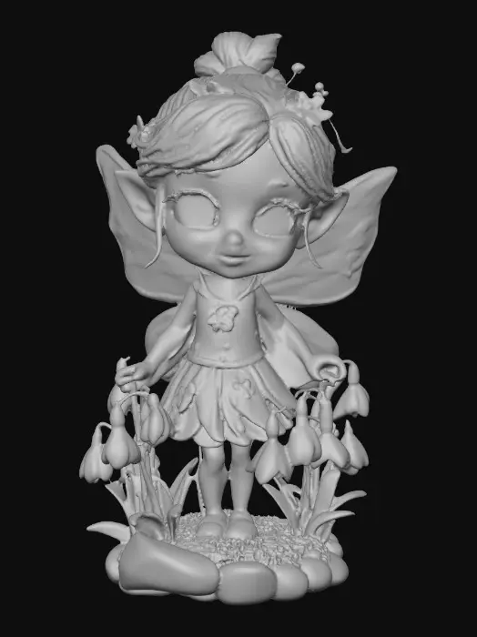 3D model for a flirty sweet playful violet eyed, redhead, snowdrop  fairy with thick dark lashes, freckles, and porcelain filigree wings in a mystical environment, surrounded by snowdrop florals. The figure is, rendered with intricate details and poised on a round rocky base. suitable for 3d printing.