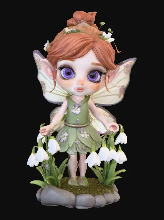 3D model for a flirty sweet playful violet eyed, redhead, snowdrop  fairy with thick dark lashes, freckles, and porcelain filigree wings in a mystical environment, surrounded by snowdrop florals. The figure is, rendered with intricate details and poised on a round rocky base. suitable for 3d printing.