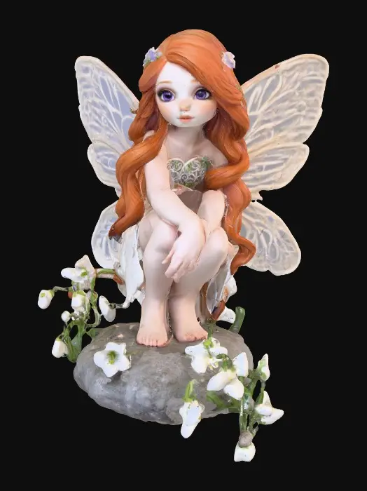 3D model for a flirty sweet playful violet eyed, redhead, snowdrop  fairy with thick dark lashes, freckles, and porcelain filigree wings in a mystical environment, surrounded by snowdrop florals. The figure is, rendered with intricate details and poised on a round rocky base. suitable for 3d printing.