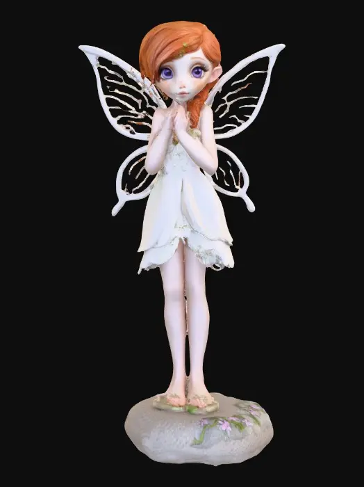 3D model for a flirty sweet playful violet eyed, redhead, snowdrop  fairy with thick dark lashes, freckles, and porcelain filigree wings in a mystical environment, surrounded by snowdrop florals. The figure is, rendered with intricate details and poised on a round rocky base. suitable for 3d printing.