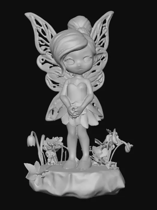 3D model for a flirty sweet playful violet eyed, redhead, snowdrop  fairy with thick dark lashes, freckles, and porcelain filigree wings in a mystical environment, surrounded by snowdrop florals. The figure is, rendered with intricate details and poised on a round rocky base. suitable for 3d printing.