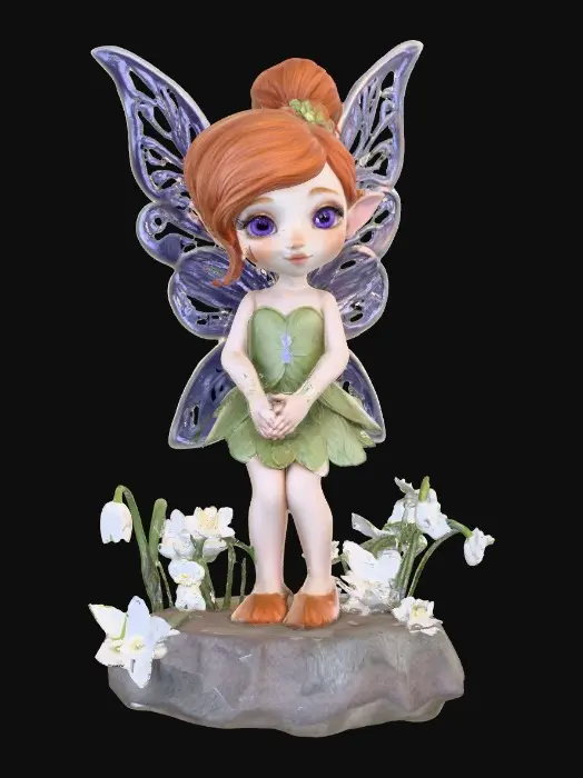 3D model for a flirty sweet playful violet eyed, redhead, snowdrop  fairy with thick dark lashes, freckles, and porcelain filigree wings in a mystical environment, surrounded by snowdrop florals. The figure is, rendered with intricate details and poised on a round rocky base. suitable for 3d printing.