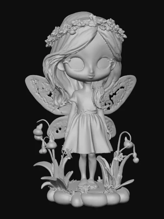 3D model for a flirty sweet playful violet eyed, redhead, snowdrop  fairy with thick dark lashes, freckles, and porcelain filigree wings in a mystical environment, surrounded by snowdrop florals. The figure is, rendered with intricate details and poised on a round rocky base. suitable for 3d printing.
