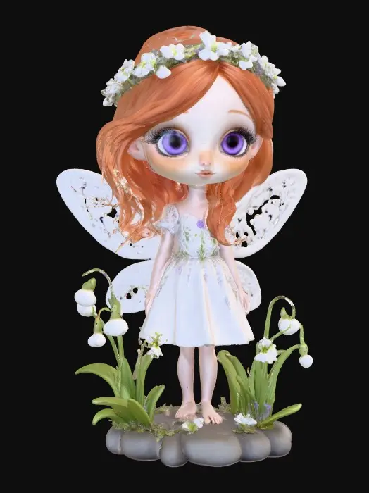 3D model for a flirty sweet playful violet eyed, redhead, snowdrop  fairy with thick dark lashes, freckles, and porcelain filigree wings in a mystical environment, surrounded by snowdrop florals. The figure is, rendered with intricate details and poised on a round rocky base. suitable for 3d printing.