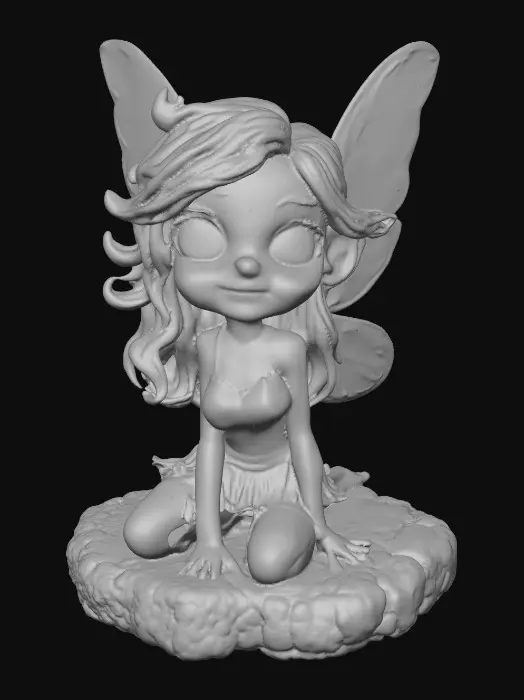 3D model for a playful green eyed, redhead, fairy with thick black lashes, and holographic metallic filigree wings in a mystical environment, surrounded by luminous exotic jungle florals. The figure is, rendered with intricate details and poised on a round rocky base.