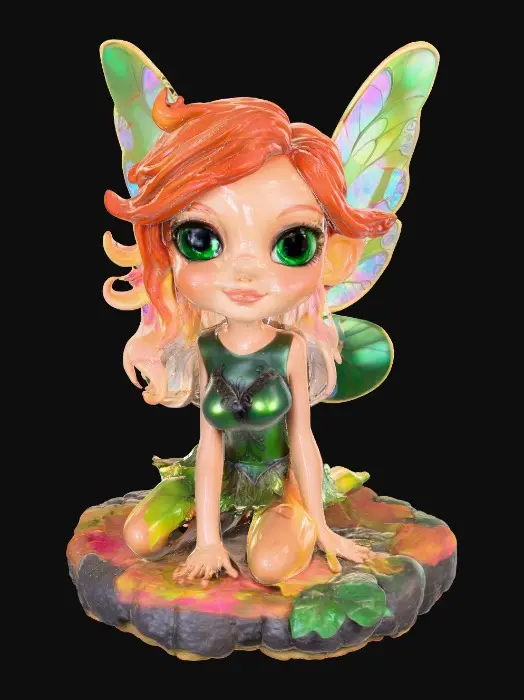 3D model for a playful green eyed, redhead, fairy with thick black lashes, and holographic metallic filigree wings in a mystical environment, surrounded by luminous exotic jungle florals. The figure is, rendered with intricate details and poised on a round rocky base.