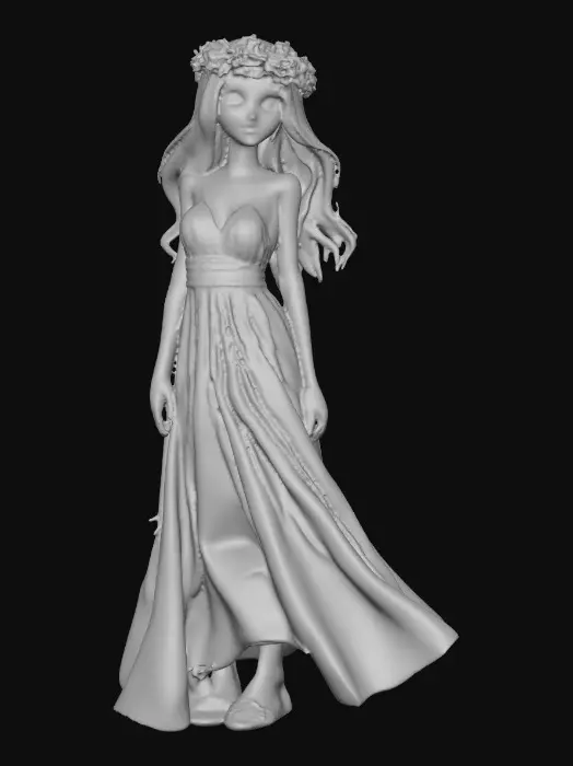 3D model for idyllic fantasy scene, bathed in soft, ethereal light of a crescent moon. A gorgeous Norse goddess reclines gracefully, her thick, luxurious light brown hair cascading around her. She has a lovely face, a rose blush on her cheeks, and a flirty smile playing on her lips. She wears a crown of large vibrant florals, She wears a velvet choker and a filmy light green dress that drapes elegantly. Her gaze is directed in a side-eye glance, full of allure. The style is inspired by Anna Razumovskaya, featuring delicate details, flowing lines, and a dreamlike atmosphere.