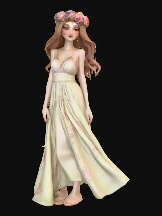 3D model for idyllic fantasy scene, bathed in soft, ethereal light of a crescent moon. A gorgeous Norse goddess reclines gracefully, her thick, luxurious light brown hair cascading around her. She has a lovely face, a rose blush on her cheeks, and a flirty smile playing on her lips. She wears a crown of large vibrant florals, She wears a velvet choker and a filmy light green dress that drapes elegantly. Her gaze is directed in a side-eye glance, full of allure. The style is inspired by Anna Razumovskaya, featuring delicate details, flowing lines, and a dreamlike atmosphere.