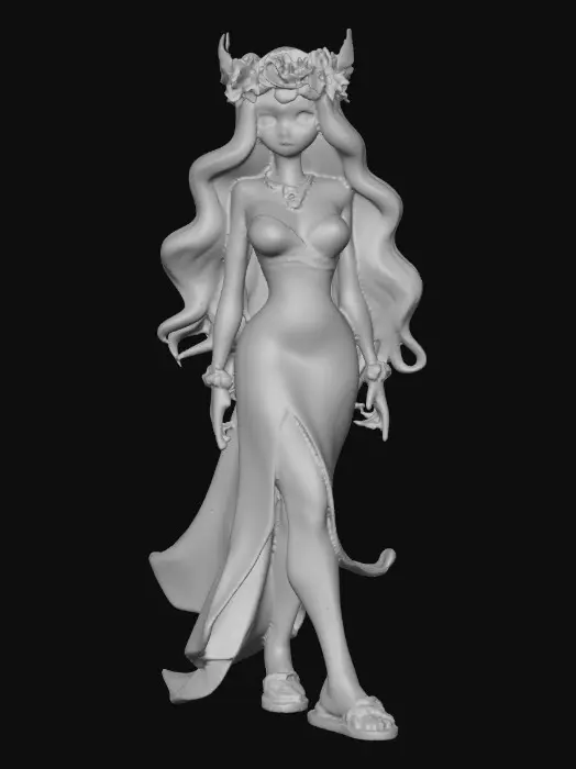 3D model for idyllic fantasy scene, bathed in soft, ethereal light of a crescent moon. A gorgeous Norse goddess reclines gracefully, her thick, luxurious light brown hair cascading around her. She has a lovely face, a rose blush on her cheeks, and a flirty smile playing on her lips. She wears a crown of large vibrant florals, She wears a velvet choker and a filmy light green dress that drapes elegantly. Her gaze is directed in a side-eye glance, full of allure. The style is inspired by Anna Razumovskaya, featuring delicate details, flowing lines, and a dreamlike atmosphere.