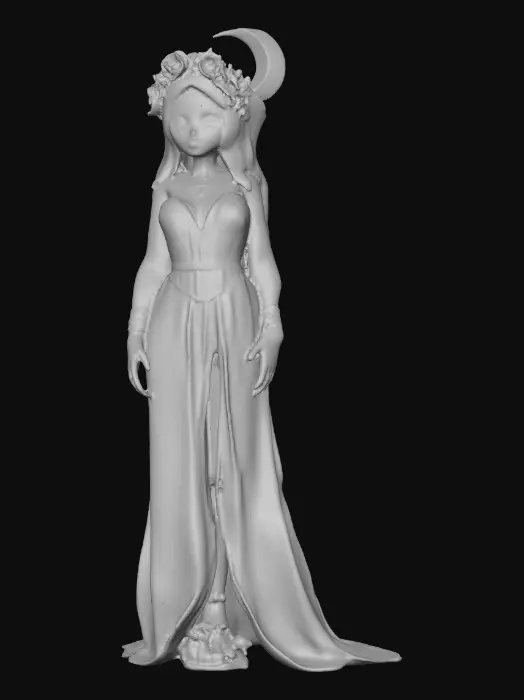 3D model for idyllic fantasy scene, bathed in soft, ethereal light of a crescent moon. A gorgeous Norse goddess reclines gracefully, her thick, luxurious light brown hair cascading around her. She has a lovely face, a rose blush on her cheeks, and a flirty smile playing on her lips. She wears a crown of large vibrant florals, She wears a velvet choker and a filmy light green dress that drapes elegantly. Her gaze is directed in a side-eye glance, full of allure. The style is inspired by Anna Razumovskaya, featuring delicate details, flowing lines, and a dreamlike atmosphere.