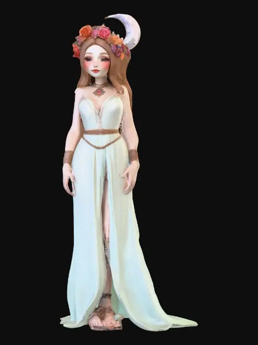 3D model for idyllic fantasy scene, bathed in soft, ethereal light of a crescent moon. A gorgeous Norse goddess reclines gracefully, her thick, luxurious light brown hair cascading around her. She has a lovely face, a rose blush on her cheeks, and a flirty smile playing on her lips. She wears a crown of large vibrant florals, She wears a velvet choker and a filmy light green dress that drapes elegantly. Her gaze is directed in a side-eye glance, full of allure. The style is inspired by Anna Razumovskaya, featuring delicate details, flowing lines, and a dreamlike atmosphere.