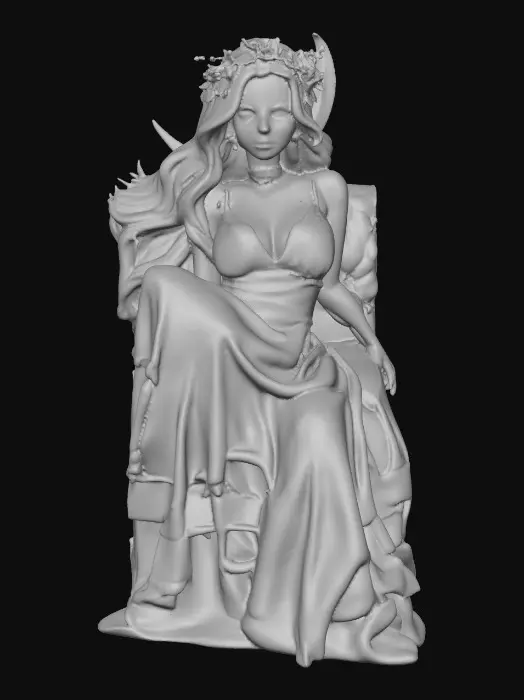 3D model for idyllic fantasy scene, bathed in soft, ethereal light of a crescent moon. A gorgeous Norse goddess reclines gracefully, her thick, luxurious light brown hair cascading around her. She has a lovely face, a rose blush on her cheeks, and a flirty smile playing on her lips. She wears a crown of large vibrant florals, She wears a velvet choker and a filmy light green dress that drapes elegantly. Her gaze is directed in a side-eye glance, full of allure. The style is inspired by Anna Razumovskaya, featuring delicate details, flowing lines, and a dreamlike atmosphere.