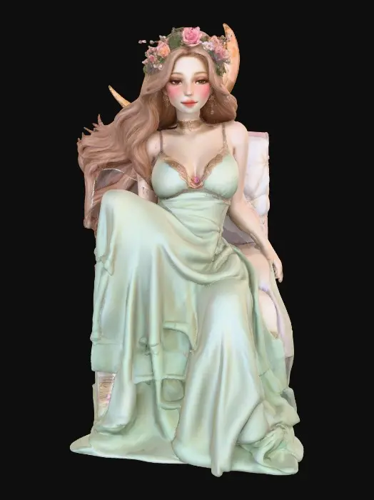 3D model for idyllic fantasy scene, bathed in soft, ethereal light of a crescent moon. A gorgeous Norse goddess reclines gracefully, her thick, luxurious light brown hair cascading around her. She has a lovely face, a rose blush on her cheeks, and a flirty smile playing on her lips. She wears a crown of large vibrant florals, She wears a velvet choker and a filmy light green dress that drapes elegantly. Her gaze is directed in a side-eye glance, full of allure. The style is inspired by Anna Razumovskaya, featuring delicate details, flowing lines, and a dreamlike atmosphere.