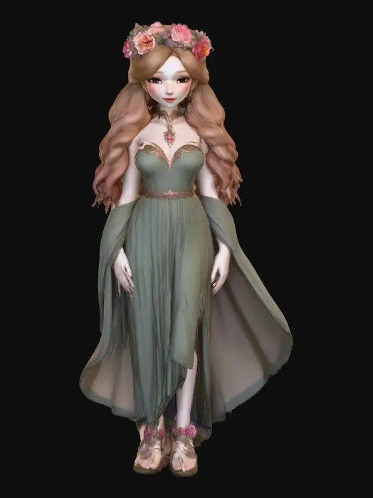 3D model for idyllic fantasy scene, bathed in soft, ethereal light of a crescent moon. A gorgeous Norse goddess reclines gracefully, her thick, luxurious light brown hair cascading around her. She has a lovely face, a rose blush on her cheeks, and a flirty smile playing on her lips. She wears a crown of large vibrant florals, She wears a velvet choker and a filmy light green dress that drapes elegantly. Her gaze is directed in a side-eye glance, full of allure. The style is inspired by Anna Razumovskaya, featuring delicate details, flowing lines, and a dreamlike atmosphere.