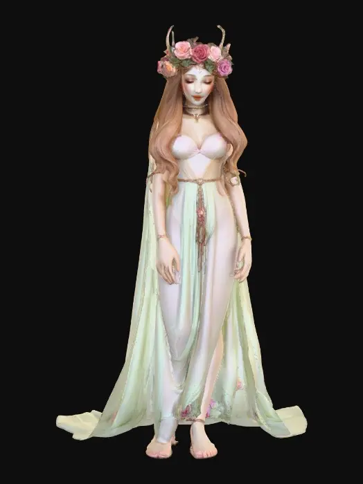 3D model for idyllic fantasy scene, bathed in soft, ethereal light of a crescent moon. A gorgeous Norse goddess reclines gracefully, her thick, luxurious light brown hair cascading around her. She has a lovely face, a rose blush on her cheeks, and a flirty smile playing on her lips. She wears a crown of large vibrant florals, She wears a velvet choker and a filmy light green dress that drapes elegantly. Her gaze is directed in a side-eye glance, full of allure. The style is inspired by Anna Razumovskaya, featuring delicate details, flowing lines, and a dreamlike atmosphere.