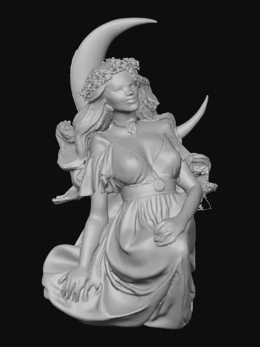 3D model for idyllic fantasy scene, bathed in soft, ethereal light of a crescent moon. A gorgeous Norse goddess reclines gracefully, her thick, luxurious light brown hair cascading around her. She has a lovely face, a rose blush on her cheeks, and a flirty smile playing on her lips. She wears a crown of large vibrant florals, She wears a velvet choker and a filmy light green dress that drapes elegantly. Her gaze is directed in a side-eye glance, full of allure. The style is inspired by Anna Razumovskaya, featuring delicate details, flowing lines, and a dreamlike atmosphere.