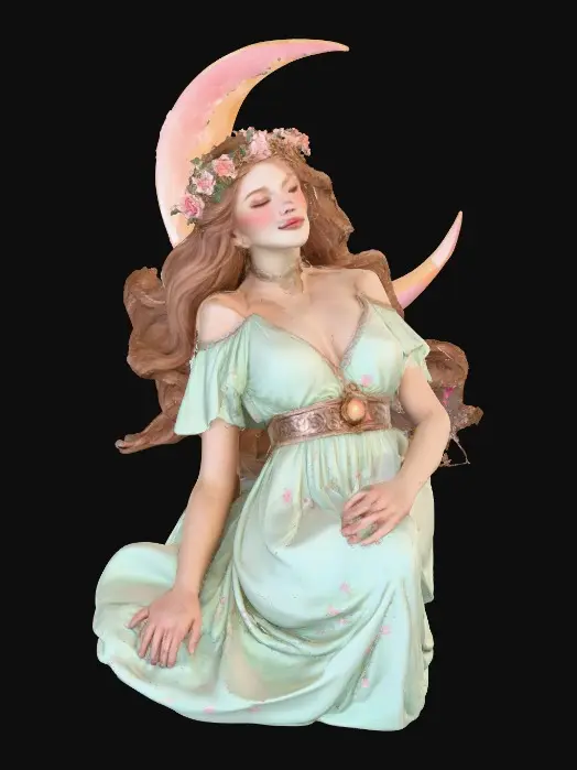 3D model for idyllic fantasy scene, bathed in soft, ethereal light of a crescent moon. A gorgeous Norse goddess reclines gracefully, her thick, luxurious light brown hair cascading around her. She has a lovely face, a rose blush on her cheeks, and a flirty smile playing on her lips. She wears a crown of large vibrant florals, She wears a velvet choker and a filmy light green dress that drapes elegantly. Her gaze is directed in a side-eye glance, full of allure. The style is inspired by Anna Razumovskaya, featuring delicate details, flowing lines, and a dreamlike atmosphere.