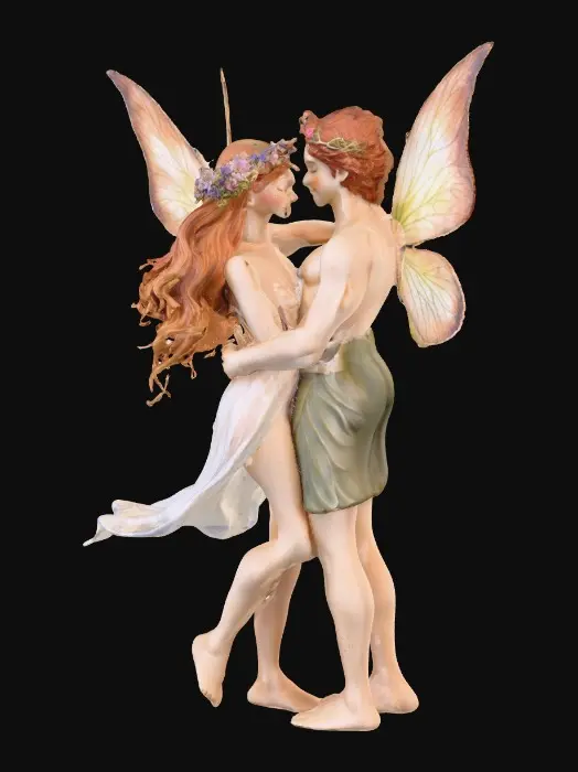 3D model for beautiful woodland fairy in a slow dance posture in mid-air, she is adorned with wild flowers, she has a beautiful figure, slim with a large bust, she has long wavy auburn hair. Her male fairy partner is holding her by the waist and hand as they dance mid-air. The fairy couple have wings made of fine lace like porcelain.  Lots of jewel like colors.