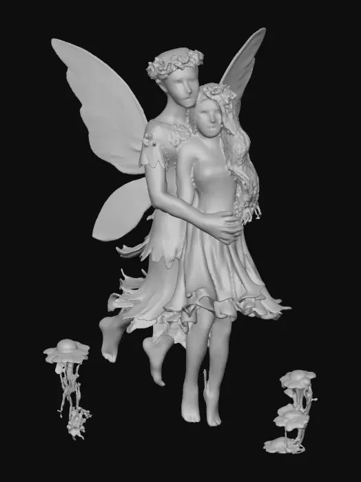 3D model for beautiful woodland fairy in a slow dance posture in mid-air, she is adorned with wild flowers, she has a beautiful figure, slim with a large bust, she has long wavy auburn hair. Her male fairy partner is holding her by the waist and hand as they dance mid-air. The fairy couple have wings made of fine lace like porcelain.  Lots of jewel like colors.