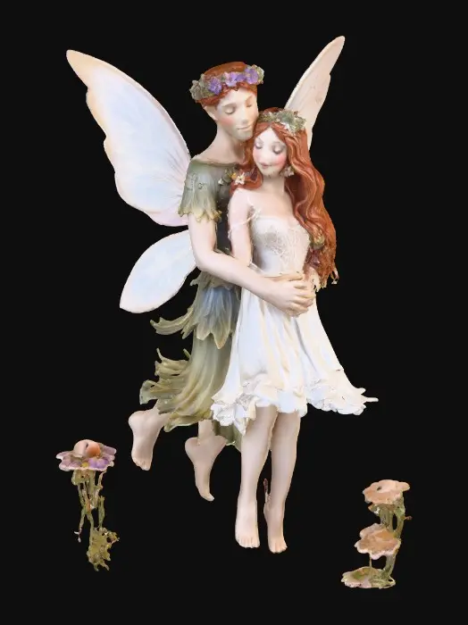 3D model for beautiful woodland fairy in a slow dance posture in mid-air, she is adorned with wild flowers, she has a beautiful figure, slim with a large bust, she has long wavy auburn hair. Her male fairy partner is holding her by the waist and hand as they dance mid-air. The fairy couple have wings made of fine lace like porcelain.  Lots of jewel like colors.