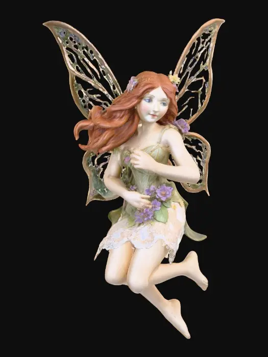 3D model for beautiful woodland fairy in a slow dance posture in mid-air, she is adorned with wild flowers, she has a beautiful figure, slim with a large bust, she has long wavy auburn hair. Her male fairy partner is holding her by the waist and hand as they dance mid-air. The fairy couple have wings made of fine lace like porcelain.  Lots of jewel like colors.