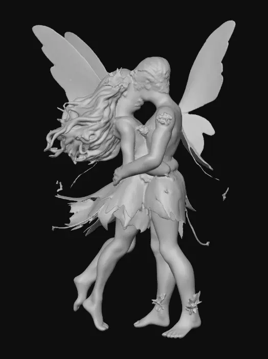 3D model for beautiful woodland fairy in a slow dance posture in mid-air, she is adorned with wild flowers, she has a beautiful figure, slim with a large bust, she has long wavy auburn hair. Her male fairy partner is holding her by the waist and hand as they dance mid-air. The fairy couple have wings made of fine lace like porcelain.  Lots of jewel like colors.