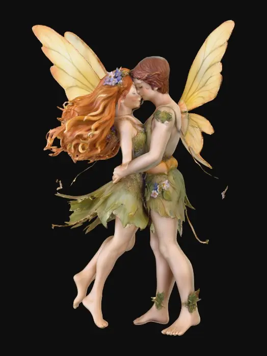 3D model for beautiful woodland fairy in a slow dance posture in mid-air, she is adorned with wild flowers, she has a beautiful figure, slim with a large bust, she has long wavy auburn hair. Her male fairy partner is holding her by the waist and hand as they dance mid-air. The fairy couple have wings made of fine lace like porcelain.  Lots of jewel like colors.